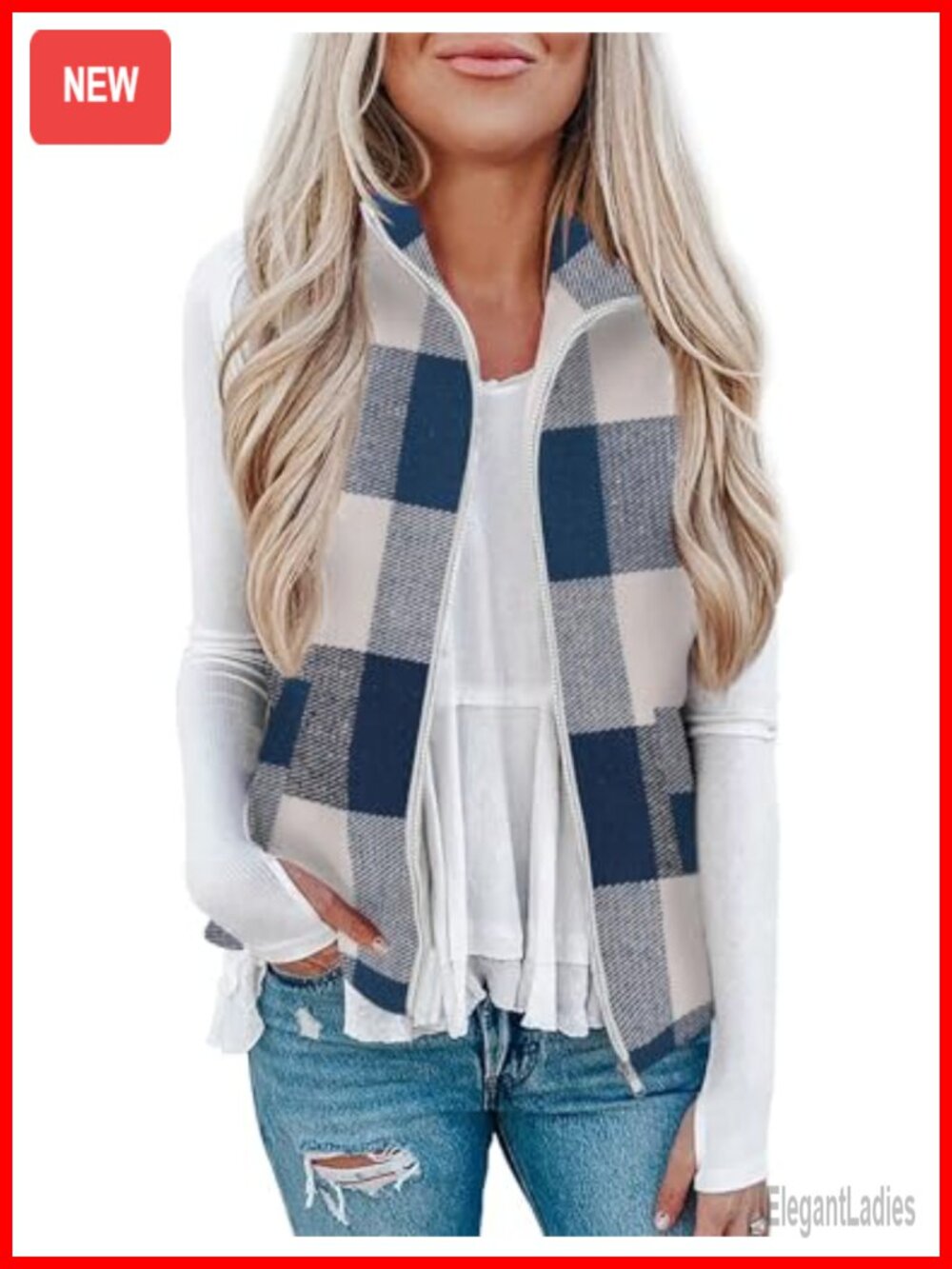 Plaid Zip Up Collared Sleeveless Vest with Pockets Sleeveless Outerwear